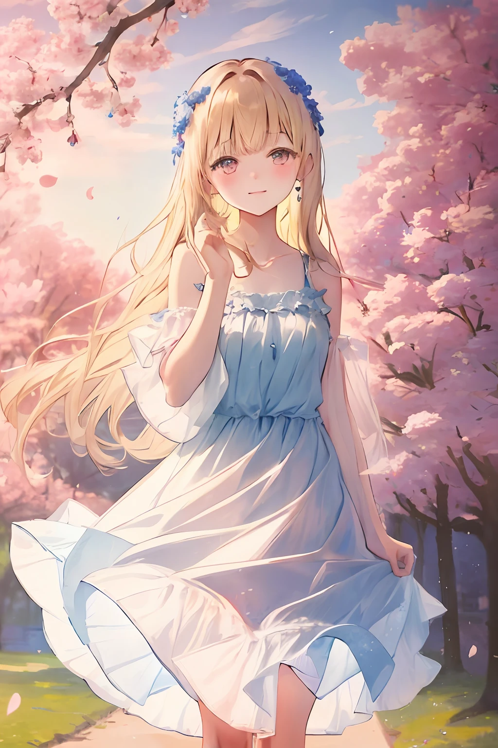 art by Cornflower, dreamy
cherry_blossoms, falling_petals, petals, branch, pink_flower, 1girl,20-year-old, blue_sky, spring_\(season\), petals_on_liquid, flower, hanami, dress,Wearing a wreath,sky, outdoors, cloud, bangs, smile, pink_eyes, White skirt with cherry blossom embellishments, bare_shoulders, earrings, holding_flower, wind, tree, looking_at_viewer,cowboy shot, caramel eyes, blonde hair