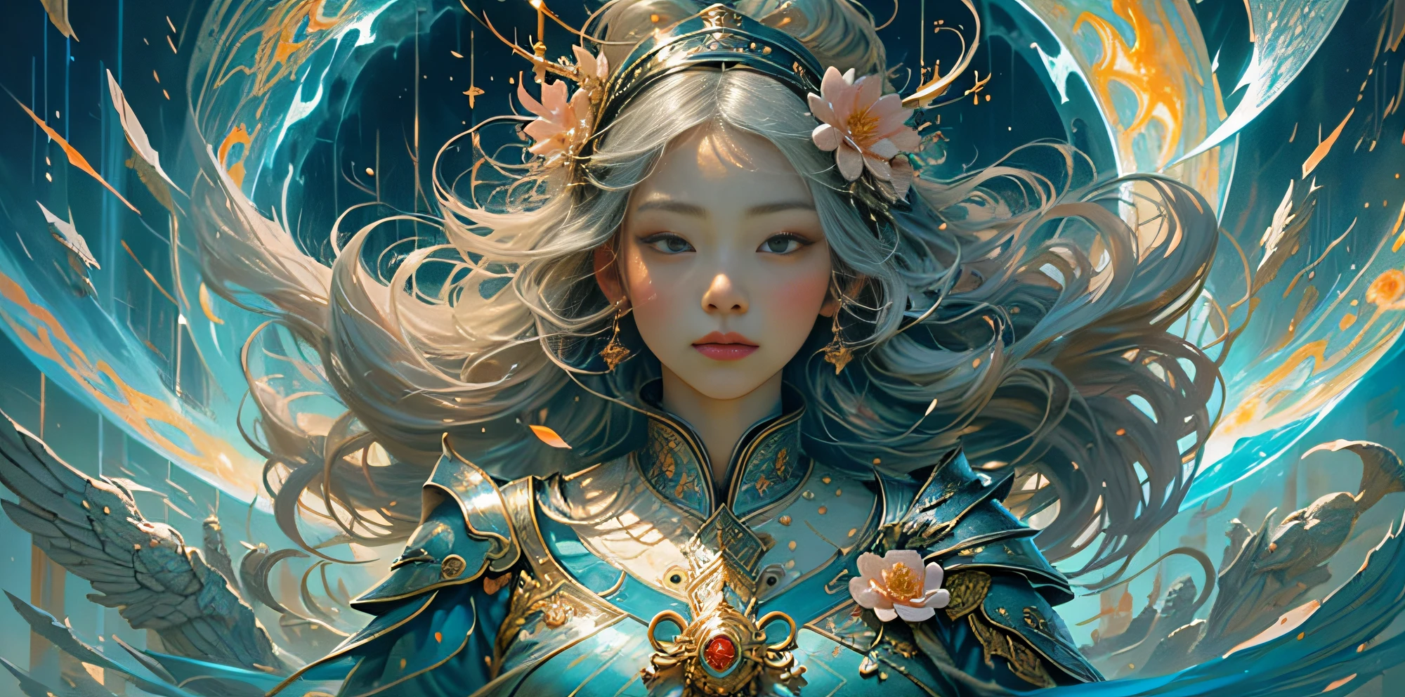 1 girl, Korean, delicate face, beautiful, big eyes, full body, sacred, high cold, flowing hair , face details, gorgeous armor, gorgeous accessories, fair skin, silver-blonde hair, sacred, masterpiece, (flower), (thunder), (fire), (water), lightning, rain, scattered pieces of paper, hands folded, fantasy, holy light, reality and dream combined, 8k, top, best quality, masterpiece, premium, close-up, from the front, facing the audience, full body, solo