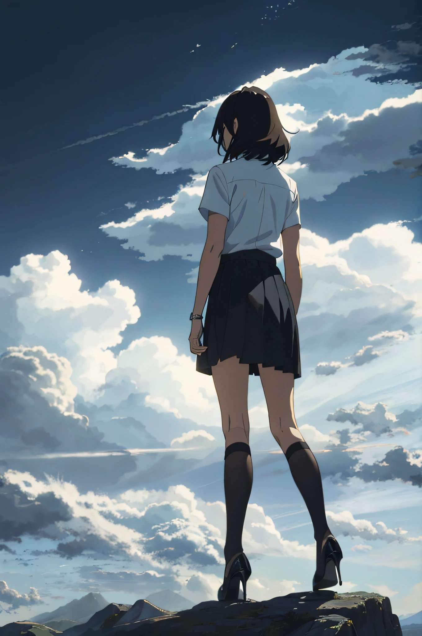 Anime girl standing on a rock looking at the sky - SeaArt AI