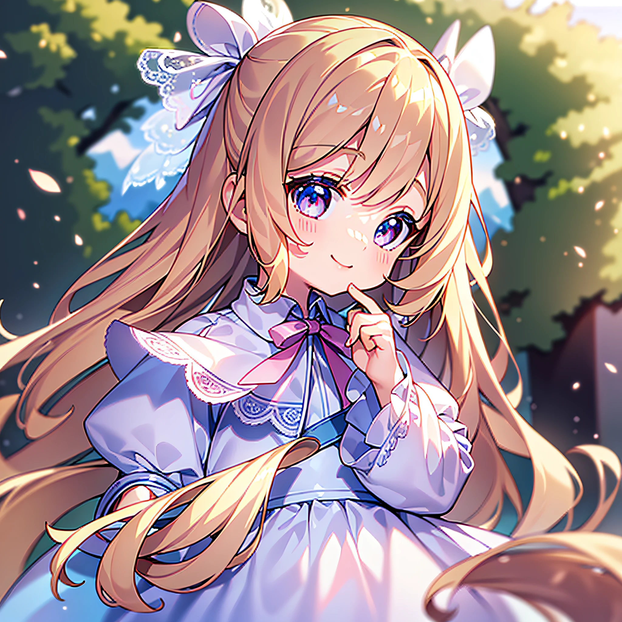 ((masterpiece)),(best quality),(beautiful detailed eyes), (ultra-detailed), (finely detail), (highres),((little female child)), two side up, long blonde hair, pink ribbon, blue eyes, white dress, lace-trimmed, long sleeves, outdoors, wind, smile,