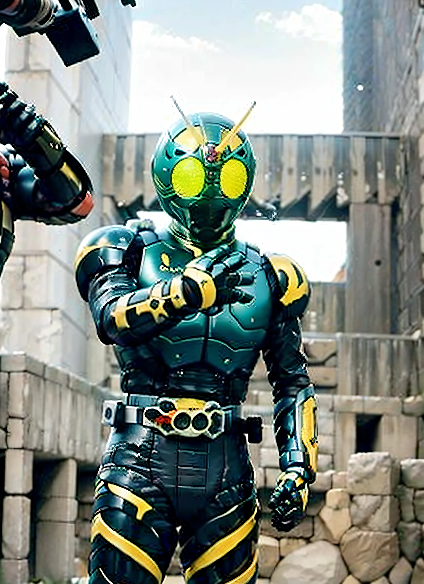 (sfw), 8k, RAW photo, Fujifilm eterna style photo,  (dark:1.4), (backlit photography:1.4), (facing viewer:1.2), full body ,(kamen rider:1.1), grasshopper mask, multicolored (exosuit:1.2) with neon eyes, armored (belt and gauntlet:1.1), outdoor,  fighting stance, (highly detailed:1.4), BREAK by Alyssa Monks , Annie Swynnerton , Beatrix Potter , Andrea Mantegna , Marco Mazzoni , Sara Wollfalk , Carlos Cruz-Diez , Saturno Butto , John Totleben , dust storm