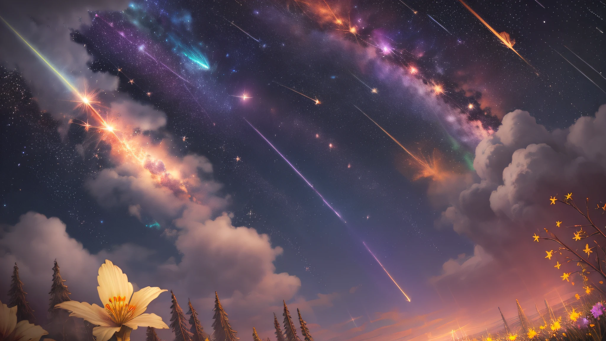 (zoomed out:1.1), (meteor shower:1.2), (comet:1.1), low angle, aroura borealis, shooting star, cloud, colorful, starry, stars, night, flower field, flower blossom, night sky, beautiful flowers, night theme, Surrealism, high detail, from below, from below, Hyperrealism, Impressionism, best quality, masterpiece, UHD, retina, award winning, 4K, anatomically correct, super detail