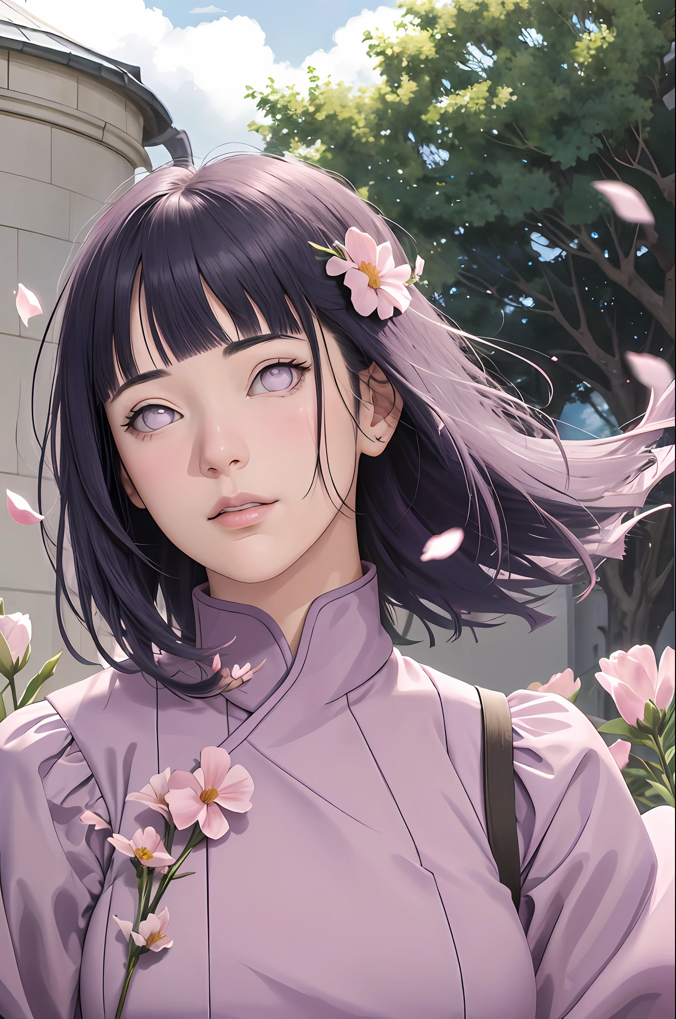 masterpiece, hinata\(boruto\), 1girl, solo, mature female, purple dress, modest outfit,  outdoors, lavender flower field, looking at viewer, (falling petals), cloudy sky, perfect composition, detailed lips, big breast, beautiful face, body propotion, blush, (pink lips), long hair,  purple eyes,  soft gaze, sad smile,  super realistic, detailed, photoshoot, realistic face and body,  realistic hair, realistic eyes, realistic nose, realistic lips