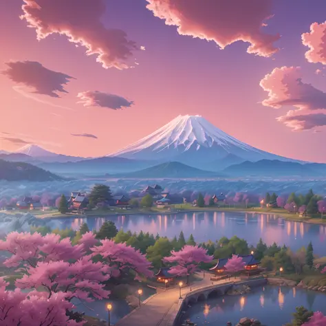 Draw a pretty landscape. Imagine a landscape with blue skies and bright sunlight. In the scenery, Mt. Fuji can be seen from a distance, and in the foreground, you can see the five-storied pagoda of Kyoto. Cherry blossoms are also blooming there. Cherry blo...