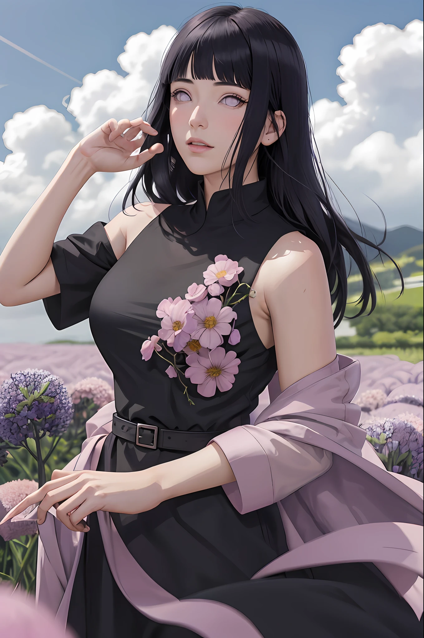 masterpiece, hinata\(boruto\), 1girl, solo, mature female, ((black dress)), modest outfit,  outdoors, lavender flower field, looking at viewer, cloudy sky, perfect composition, detailed lips, big breast, beautiful face, body propotion, blush, (pink lips), long hair,  purple eyes,  soft gaze, sad smile,  super realistic, detailed, photoshoot, realistic face and body,  realistic hair, realistic eyes, realistic nose, realistic lips