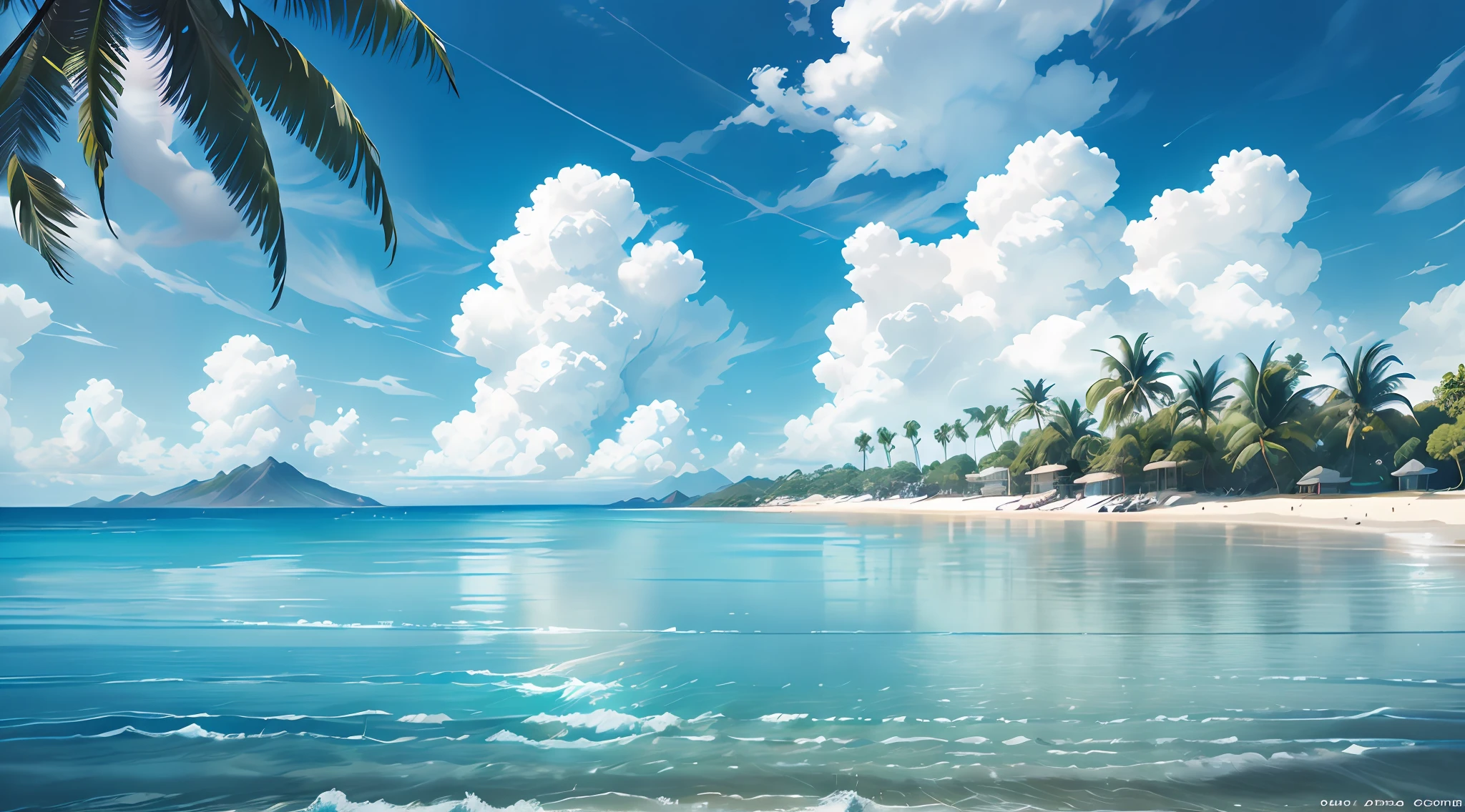 summer, seaside, island, clear water, blue gradient water, transparent water, girl in swimsuit, island, coconut palm, paradise, big clouds, blue sky, hot weather, HD detail, hyper detail, movie, surrealism, soft light, deep field focus bokeh, distant snowy mountain, ray tracing, surrealism. --v 6