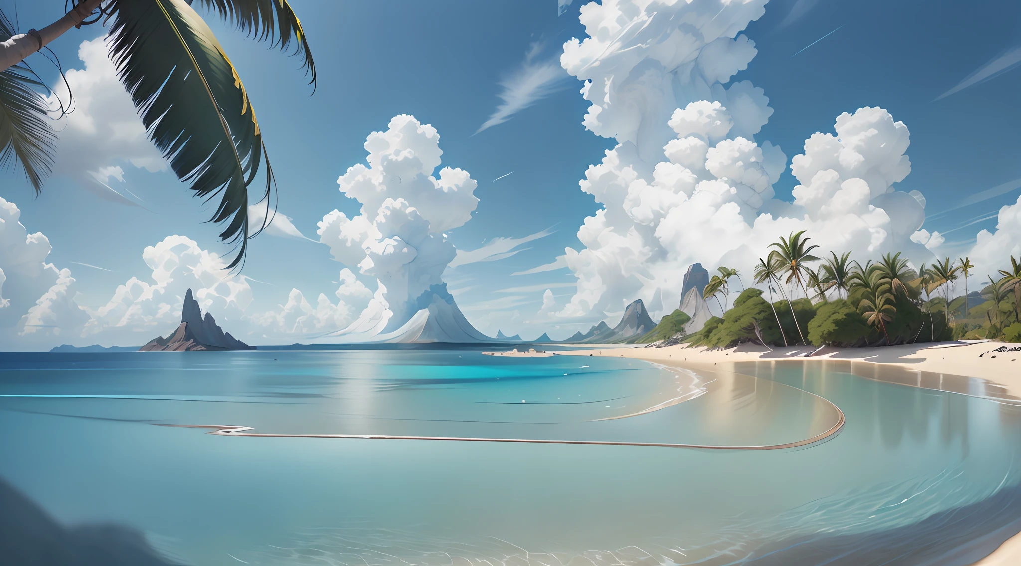 Summer, seaside, island, clear water, blue gradient water, transparent water, island, coconut palm, paradise, large clouds, blue sky, hot weather, HD detail, hyper-detail, cinematic, surrealism, soft light, deep field focus bokeh, distant snow mountains, ray tracing, and surrealism. --v 6