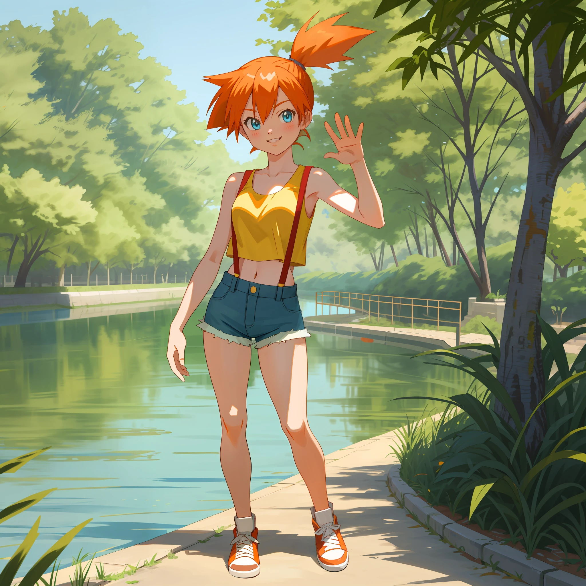 [Misty_(Pokemon)], ((High definition)), ((detailed shading)), ((beautiful solo portrait)), ((full body)), ((raw photo)), ((semi-realistic)), ((anime girl)), {attractive; (orange hair; spiky ponytail), (beautiful blue eyes), (happy smirk; white teeth), yellow tank top, denim short shorts, red suspenders, red converse sneakers, beautiful legs, curvaceous hips, beautiful lips}, (walking; waving at viewer), [background; river, sunny, trees