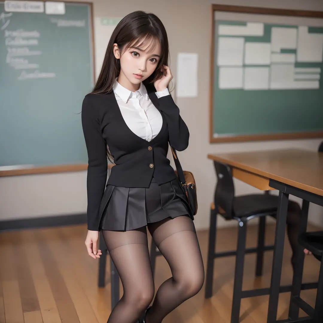 Pretty girl standing, thin legs, high heels on the ground, classroom, (masterpiece:1.3), (8k, photorealistic, RAW photo, best quality: 1.4), (1girl), beautiful face, (realistic face), black hair, long hair, beautiful hairstyle, realistic eyes, pretty detai...