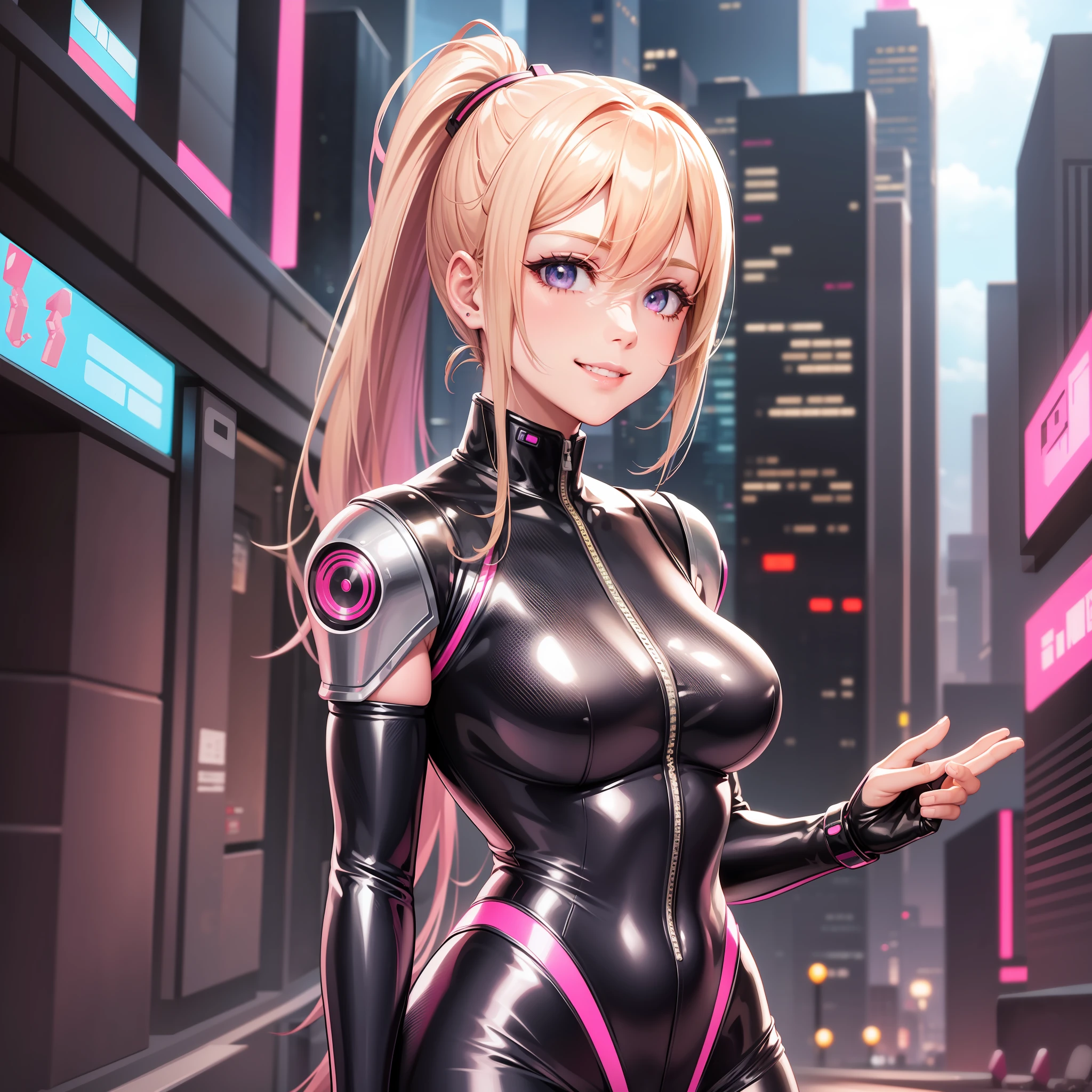 Anime girl in latex outfit standing in a city street - SeaArt AI