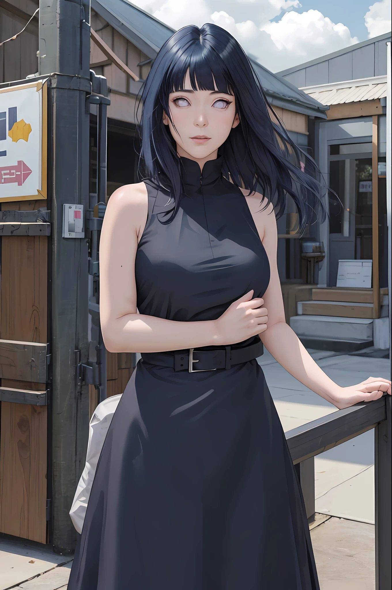 masterpiece, hinata\(boruto\), 1girl, solo, mature female, (((black dress))), tight skirt, ((modest outfit)), outdoors, looking at viewer, cloudy sky, perfect composition, detailed lips, big breast, beautiful face, body propotion, blush, (pink lips), ((long hair)),  purple eyes,  soft gaze, sad smile,  super realistic, detailed, photoshoot, realistic face and body,  realistic hair, realistic eyes, realistic nose, realistic lips, (((dark blue hair))),  sleeveless dress