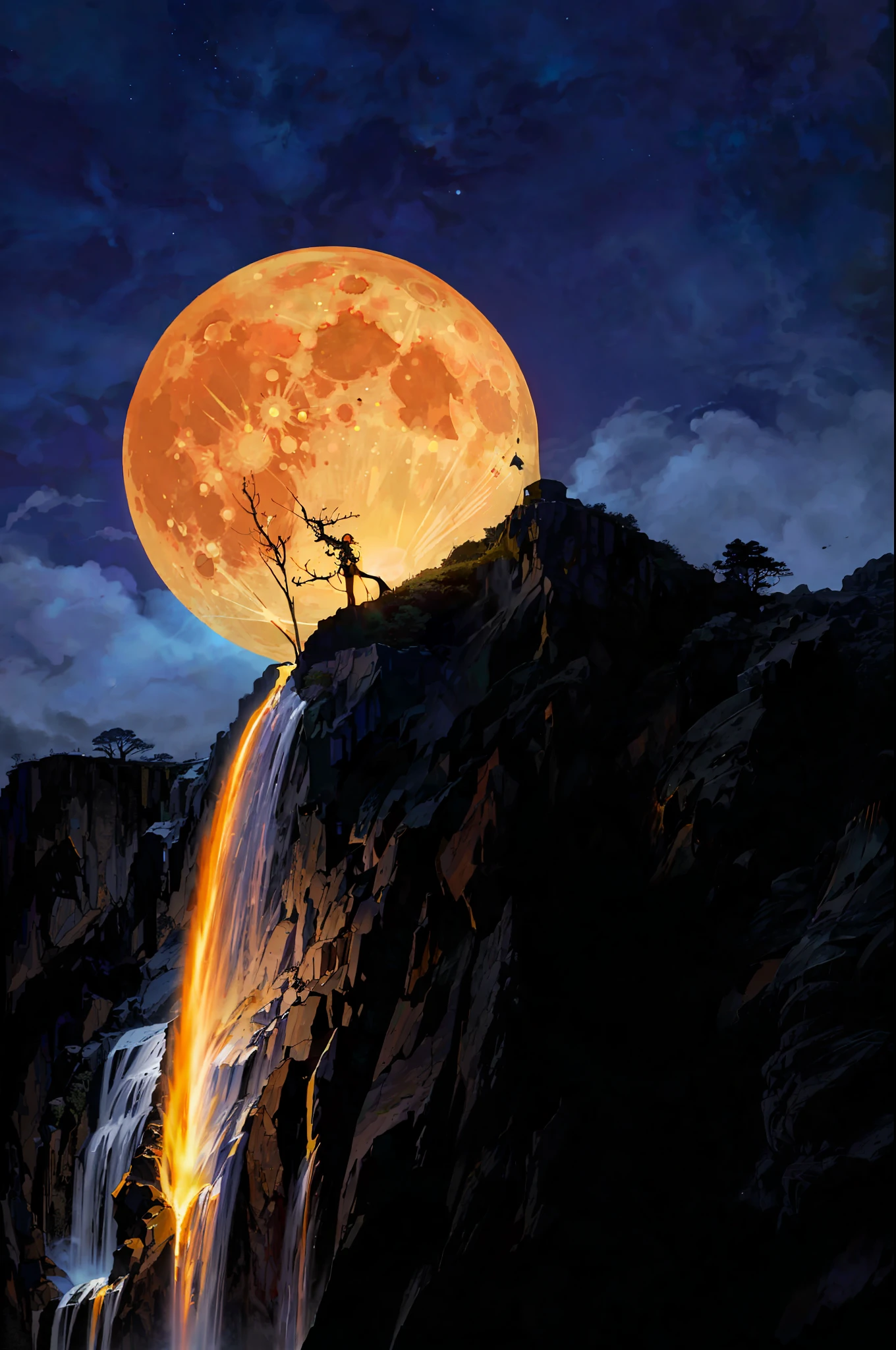 a close up of a full moon rising over a waterfall, the moon crashing into the earth, the moon crashes into the earth, moon hitting earth, nuclear blast moon eclipse, moon crash into earth, surreal tears from the moon, giant moon, wallpaper - 1 0 2 4, amazing wallpaper, beautiful wallpaper, moon rising, large glowing moon, 🚀🚀🚀, lava waterfalls