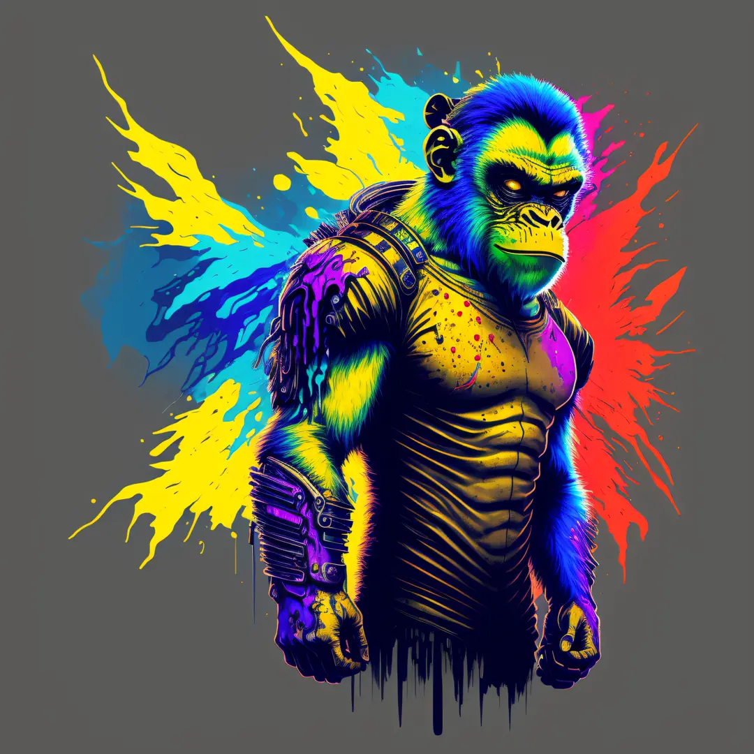 (a portrait of Cyberpunk Monkey with colored fluid), T-shirt logo in tapered thin outline style, spell view, artwork in (empty b...