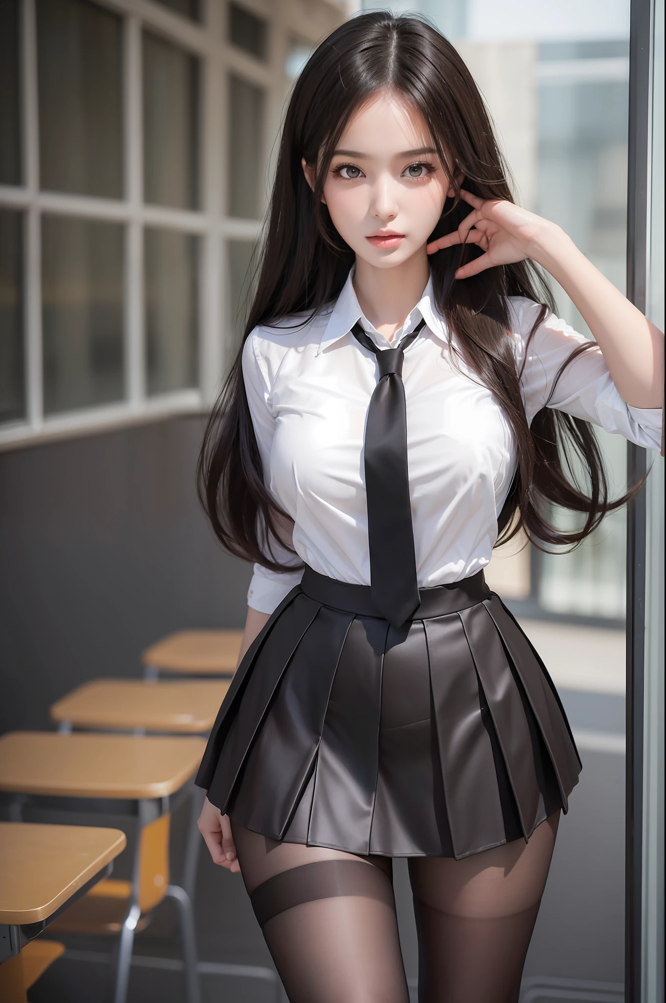 Pretty girl standing, thin legs, high heels on the ground, classroom, (masterpiece:1.3), (8k, photorealistic, RAW photo, best quality: 1.4), (1girl), beautiful face, (realistic face), black hair, long hair, beautiful hairstyle, realistic eyes, pretty detailed eyes, realistic skin, beautiful skin, super high resolution, super realistic, very detailed, golden ratio, cute, cute female teacher, high school girl in jk uniform, surreal high school girl, short skirt, tight skirt, pantyhose, black stockings, full body view, thin arms, big breasts