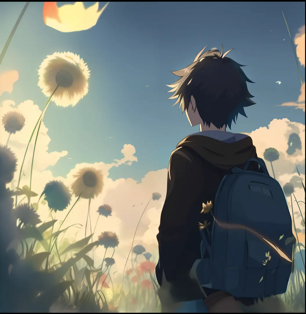 anime boy with backpack looking at dandelions in field, makoto shinkai cyril rolando, ( ( makoto shinkai ) ), beautiful anime sc...