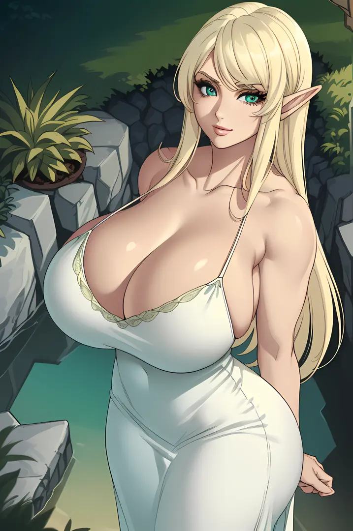 (Best Quality,Unparalleled Masterpiece:1.4)Overwhelmingly Pixel-Perfect,Ultra-Detailed CG 4K,(Ultra-Detailed Clear Absurdly-Vivid Mint Big Eyes:1.2),Gorgeous Round Detailed Face(Voluptuous:1.4)Elf(Gigantic Breasts:1.8)(Voluminous Long Blonde Hair: 1.4),(Ba...