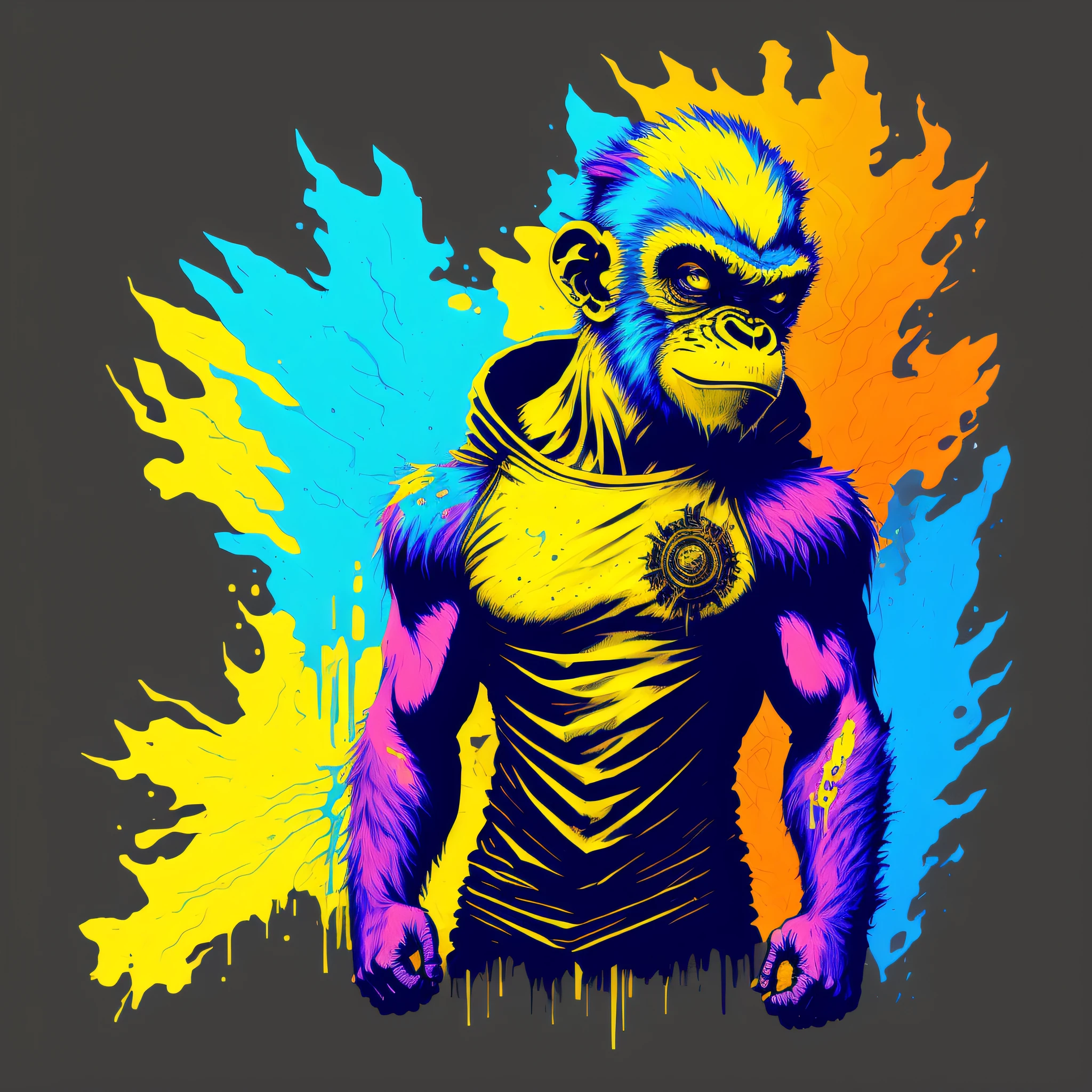 (a portrait of Cyberpunk Monkey with colored fluid), T-shirt logo in conical fine outline style, spelling vision, art on (empty background:1.4) cyberpunk in the city vibrant colors black blue and yellow