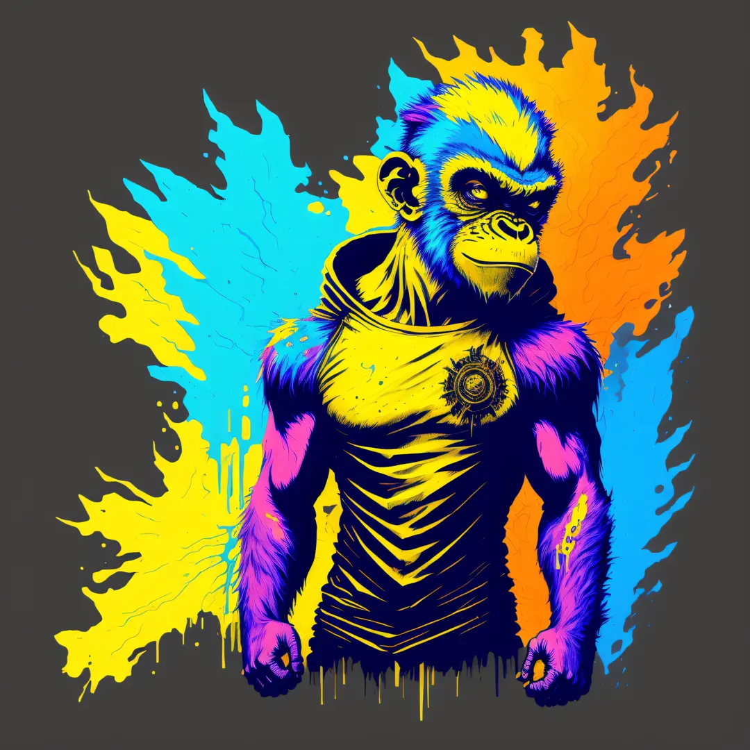 (a portrait of Cyberpunk Monkey with colored fluid), T-shirt logo in conical fine outline style, spelling vision, art on (empty ...