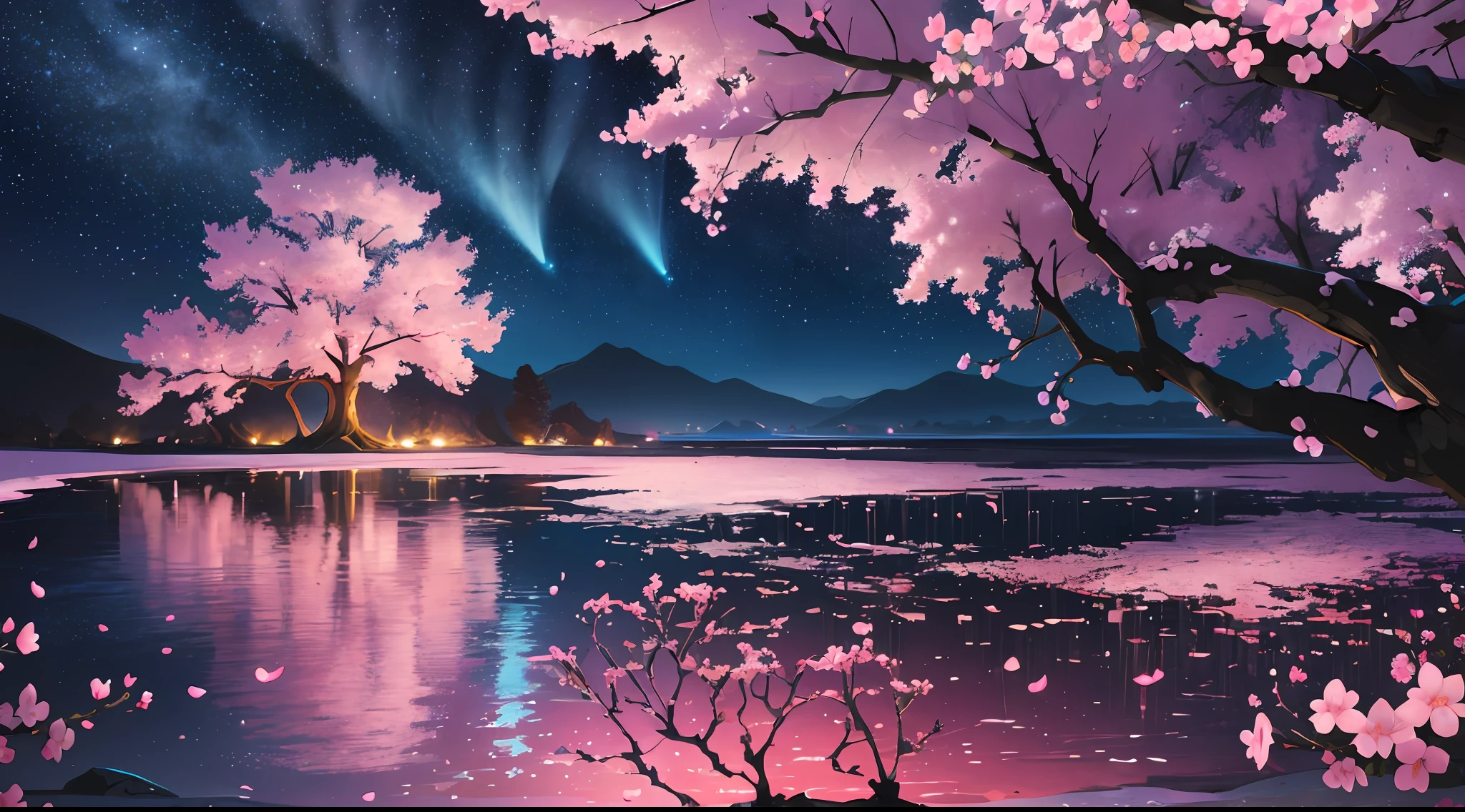 Linemoto cherry blossoms (night), (highly detailed CG unified wallpaper 8k) (highest quality), (best illustrations), bright colors (best shades), jungle, water, natural beauty, oasis of tranquility, cherry blossoms, super detail, antique porcelain, jade, castle, starry sky, , girl looks up at the night sky, ray tracing, masterpiece, top quality, super quality, absurd details, best light, best shadow, sharp, sharp images, details, Very detailed, high resolution, 8k, 4k, UHD, volumetric, bright sprite, (particle effects), (nighttime) --v6