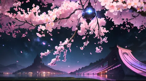 Linemoto cherry blossoms (night), (highly detailed CG unified wallpaper 8k) (highest quality), (best illustrations), bright colo...