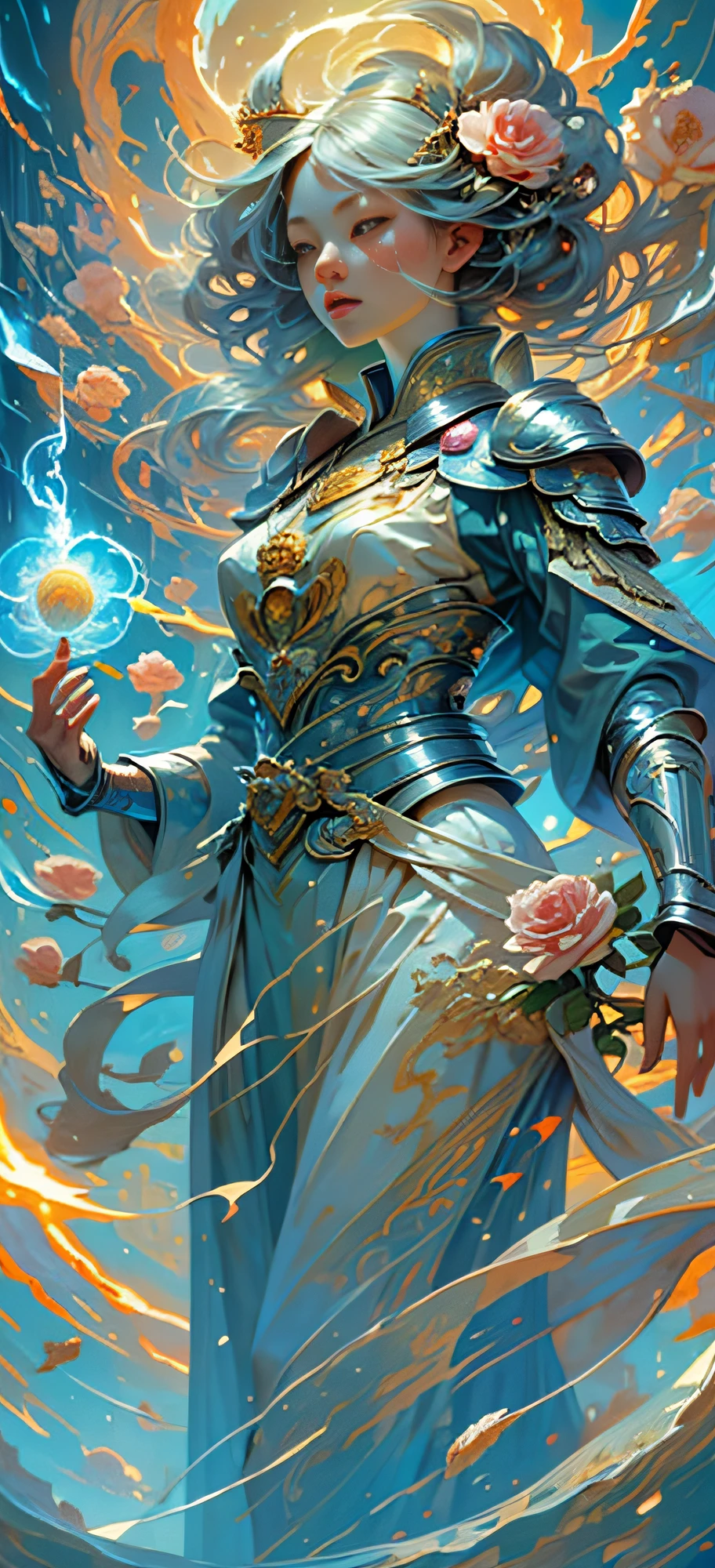 1 girl, Korean, delicate face, beautiful, big eyes, full body, sacred, high cold, flowing hair , gorgeous armor, gorgeous accessories, fair skin, silver blonde hair, sacred, masterpiece, (flower), (thunder), (fire), (water), lightning, rain, scattered pieces of paper, hands together, fantasy, holy light, reality and dream combination, 8k, top, best quality, masterpiece, premium, close-up, from the front, facing the audience, full body, solo