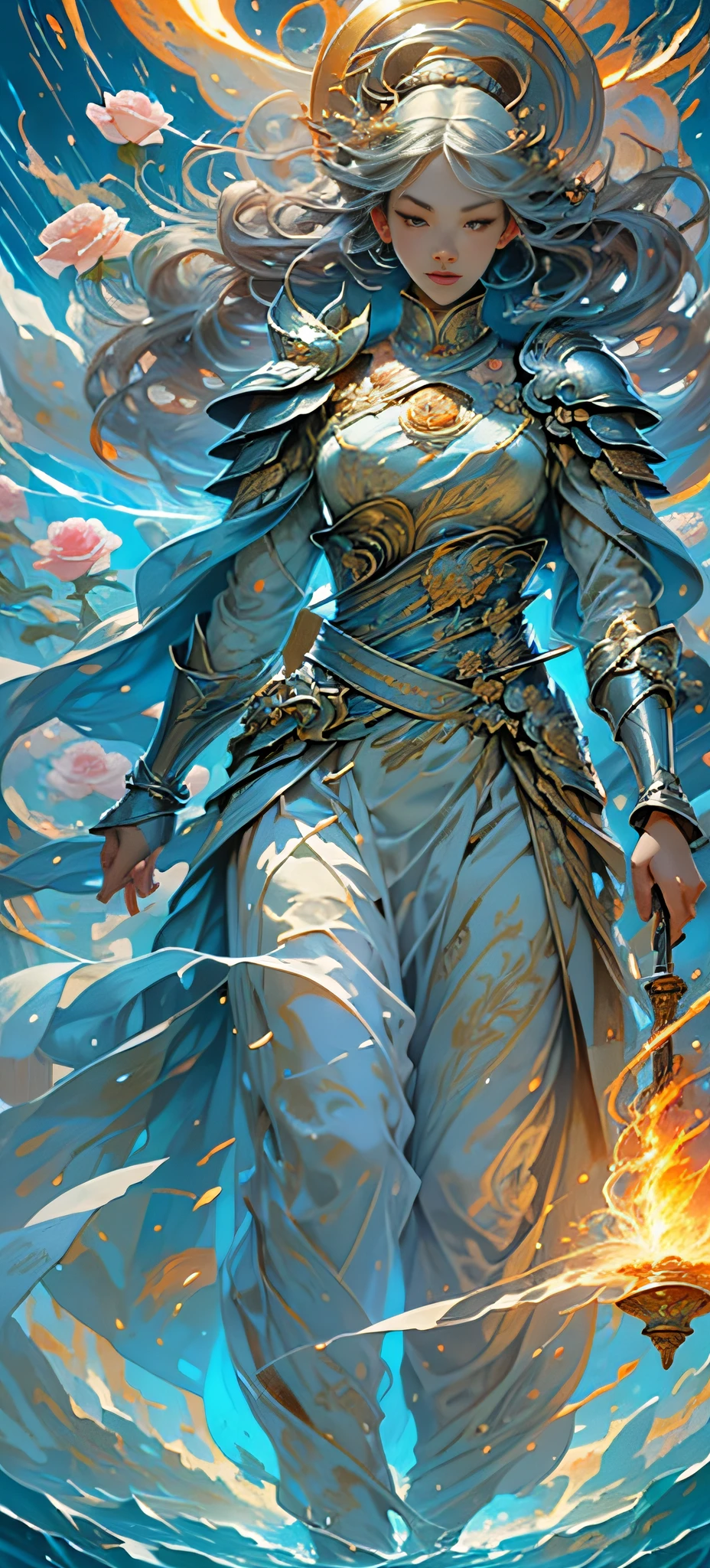 1 girl, Korean, delicate face, beautiful, big eyes, full body, sacred, high cold, flowing hair , face details, gorgeous armor, gorgeous accessories, fair skin, silver-blonde hair, sacred, masterpiece, (flower), (thunder), (fire), (water), lightning, rain, scattered pieces of paper, hands folded, fantasy, holy light, reality and dream combined, 8k, top, best quality, masterpiece, premium, close-up, from the front, facing the audience, full body, solo