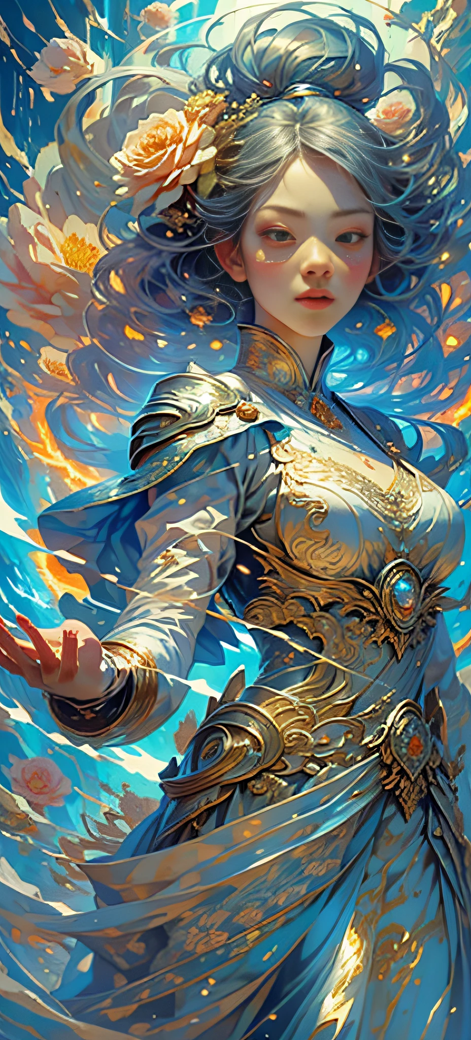 1 girl, Korean, delicate face, beautiful, big eyes, full body, sacred, high cold, flowing hair , face details, gorgeous armor, gorgeous accessories, fair skin, silver-blonde hair, sacred, masterpiece, (flower), (thunder), (fire), (water), lightning, rain, scattered pieces of paper, hands folded, fantasy, holy light, reality and dream combined, 8k, top, best quality, masterpiece, premium, close-up, from the front, facing the audience, full body, solo