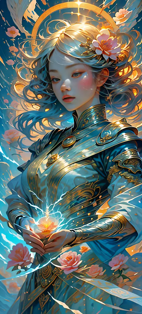 1 girl, Korean, delicate face, beautiful, big eyes, full body, sacred, high cold, flowing hair , face details, gorgeous armor, gorgeous accessories, fair skin, silver-blonde hair, sacred, masterpiece, (flower), (thunder), (fire), (water), lightning, rain, ...