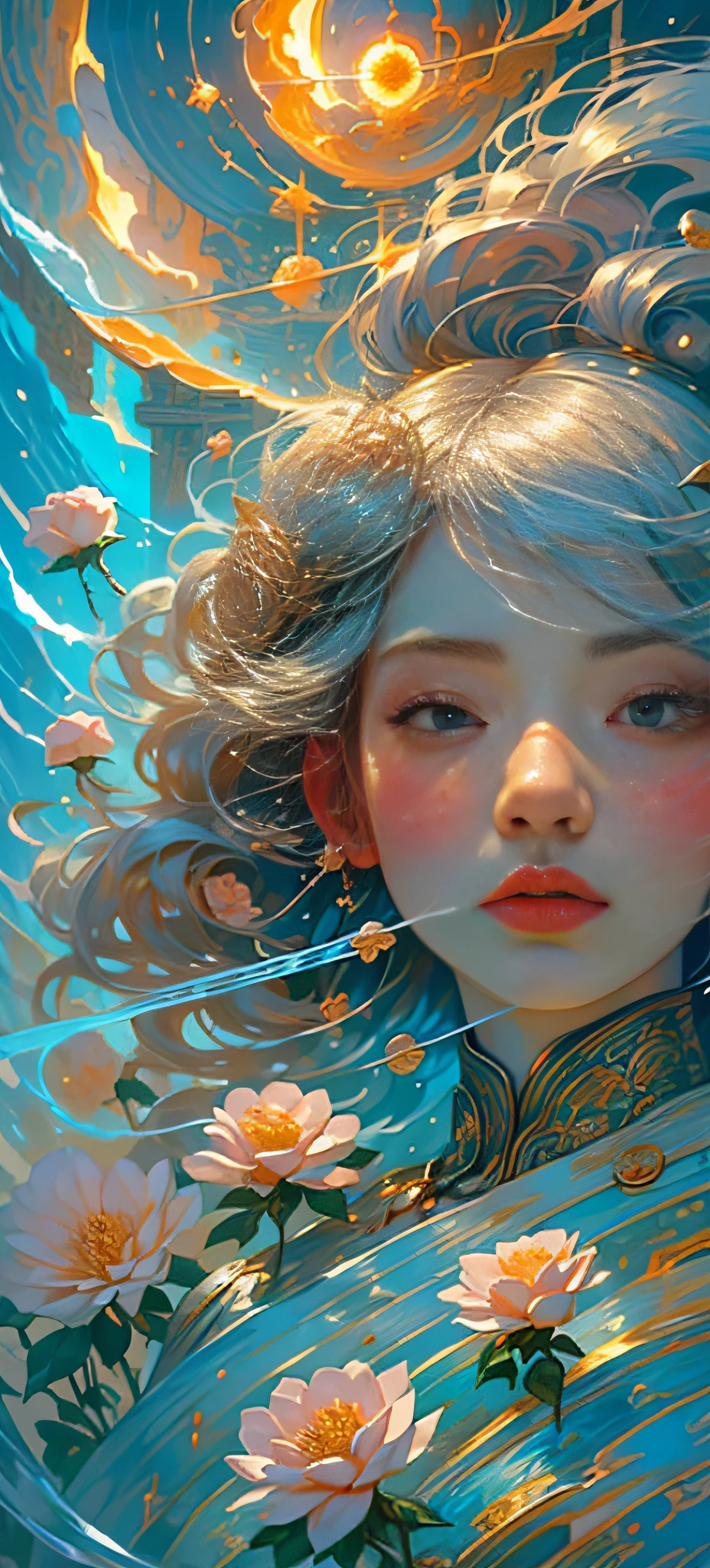 1 girl, Korean, delicate face, beautiful, big eyes, full body, sacred, high cold, flowing hair , face details, gorgeous armor, gorgeous accessories, fair skin, silver-blonde hair, sacred, masterpiece, (flower), (thunder), (fire), (water), lightning, rain, scattered pieces of paper, hands folded, fantasy, holy light, reality and dream combined, 8k, top, best quality, masterpiece, premium, close-up, from the front, facing the audience, full body, solo