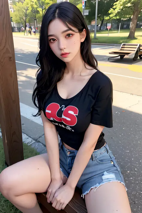 photorealistic, high resolution, 1 girl, black wavy hair, korean, heterochromia eyes, small mole below eye, tight  supreme t shirt,jean shorts, large breast, large thighs,big boobs, cleavage,sitting on  park chairs, random posing,empty park at background