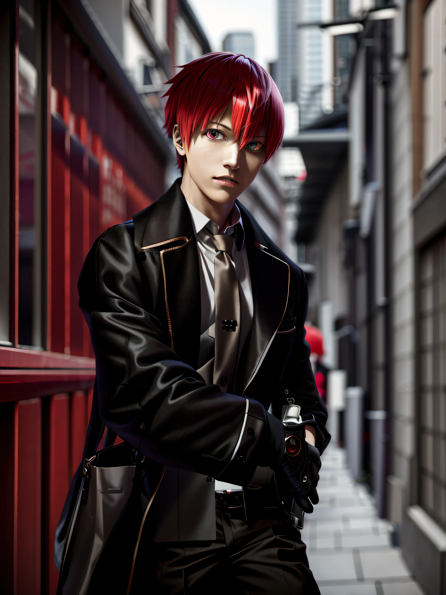 There is a man with red hair and black coat, full body 1/6 Nihei Tsutomu, Ken Kaneki, Kaneki Ken, male anime style, handsome anime pose, Nagito Komaeda, cosplayer, male ulzzang, male anime character, as anime character --auto --s2