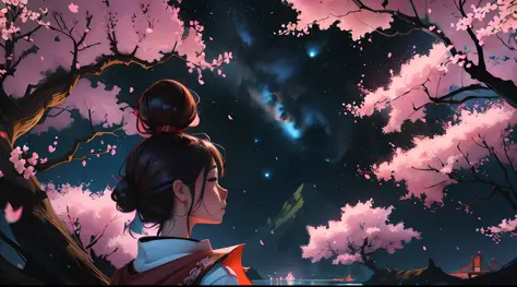 Linemoto cherry blossoms (night), (highly detailed CG unified wallpaper 8k) (highest quality), girl looks up at the night sky (b...