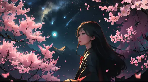 Linemoto cherry blossoms (night), (highly detailed CG unified wallpaper 8k) (highest quality), girl looks up at the night sky (b...