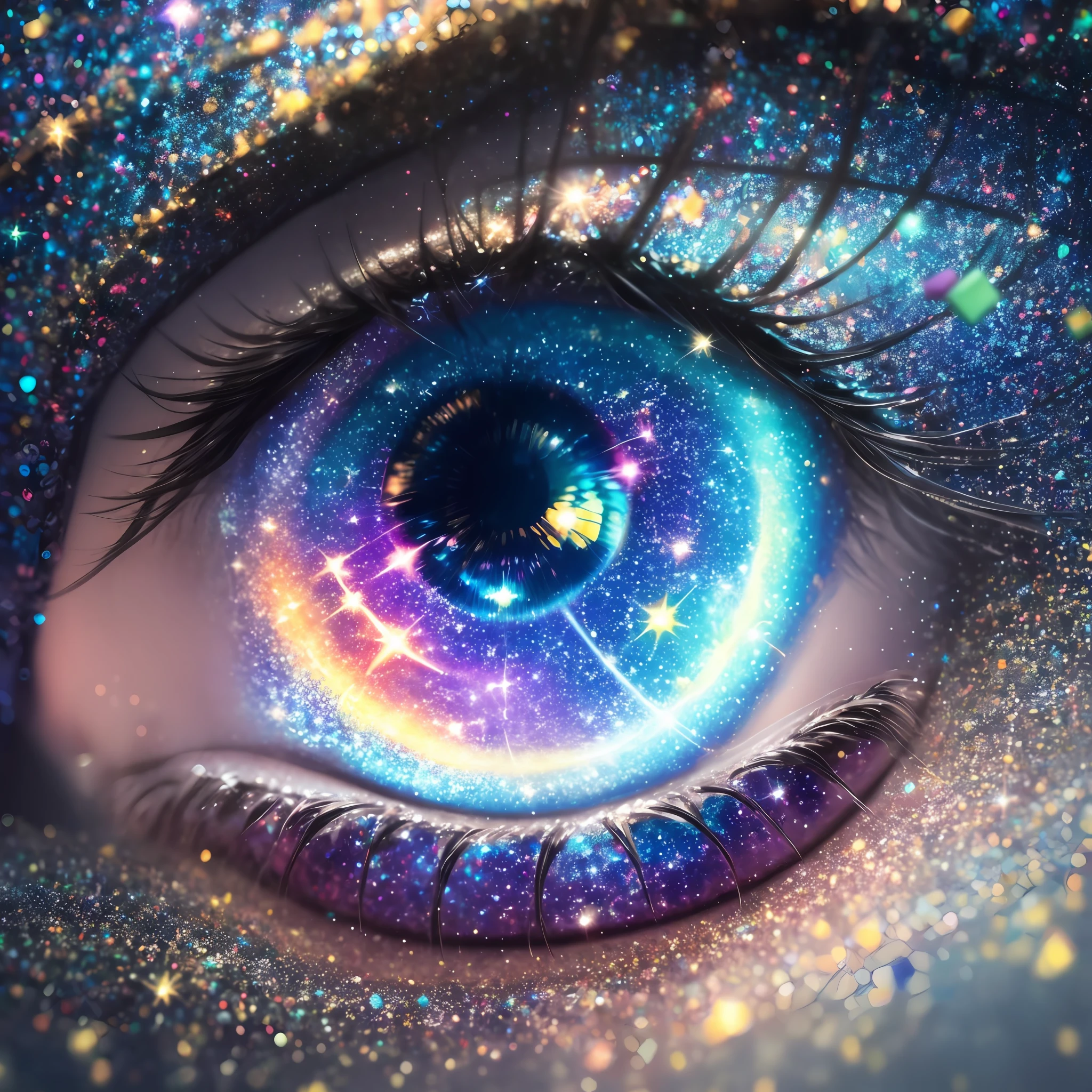 galaxy in  eye, Surrealism, Color Field painting, high detail, blind box toy style, Social realism, modern, anime, Realism, Hyperrealism, anime style, Pixar, jpeg artifacts, blurry, sparkle, depth of field, glowing light, god rays, ray tracing, reflection light, backlighting, bloom, blending, drop shadow, Fujicolor, film grain, halftone, Fujicolor, image fill, motion lines, speed lines, UHD, retina, ccurate, masterpiece, anatomically correct, textured skin, super detail, high quality, high details, award winning, best quality, highres, 1080P, HD, 4K, 8k, 16k --auto --s2