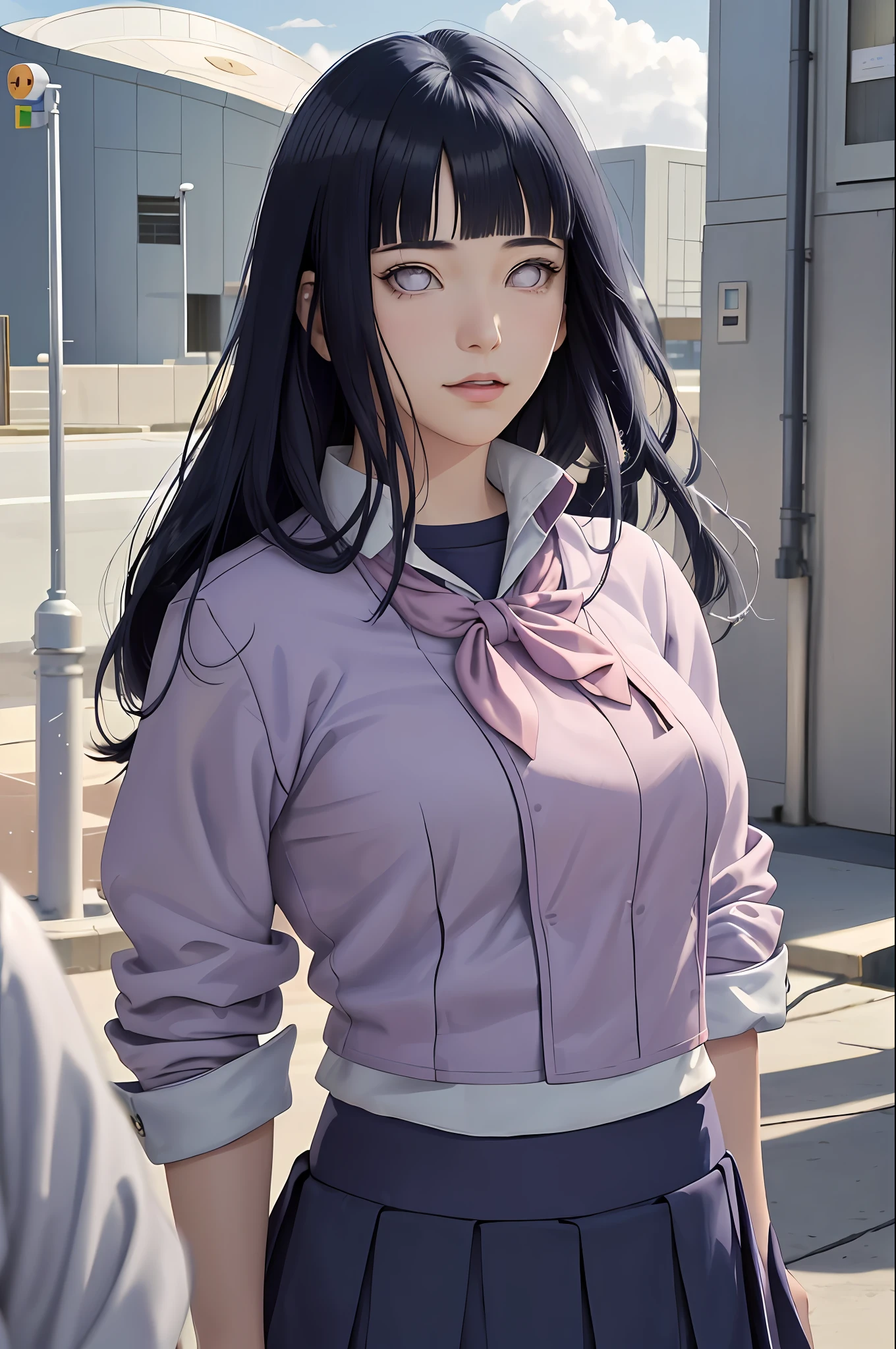 masterpiece, hinata\(boruto\), 1girl, solo, young female, ((((high school uniform)))), (high School), outdoors, looking at viewer, cloudy sky, perfect composition, detailed lips, school building, big breast, beautiful face, body propotion, blush, (pink lips), ((long hair)),  purple eyes,  soft gaze, sad smile,  super realistic, detailed, photoshoot, realistic face and body,  realistic hair, realistic eyes, realistic nose, realistic lips, (((dark blue hair))), 19 years old girl,  flowing skirt