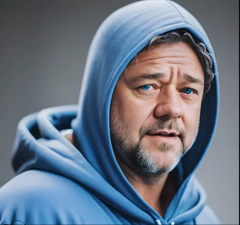 a professional photograph of russell crowe, a man in a blue hooded cape posing for a photo, blue clothing, blue pants, blue t-sh...