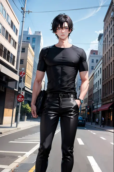 masterpiece, guy, black hair, blue eyes, black shirt, pants, standing, city background,