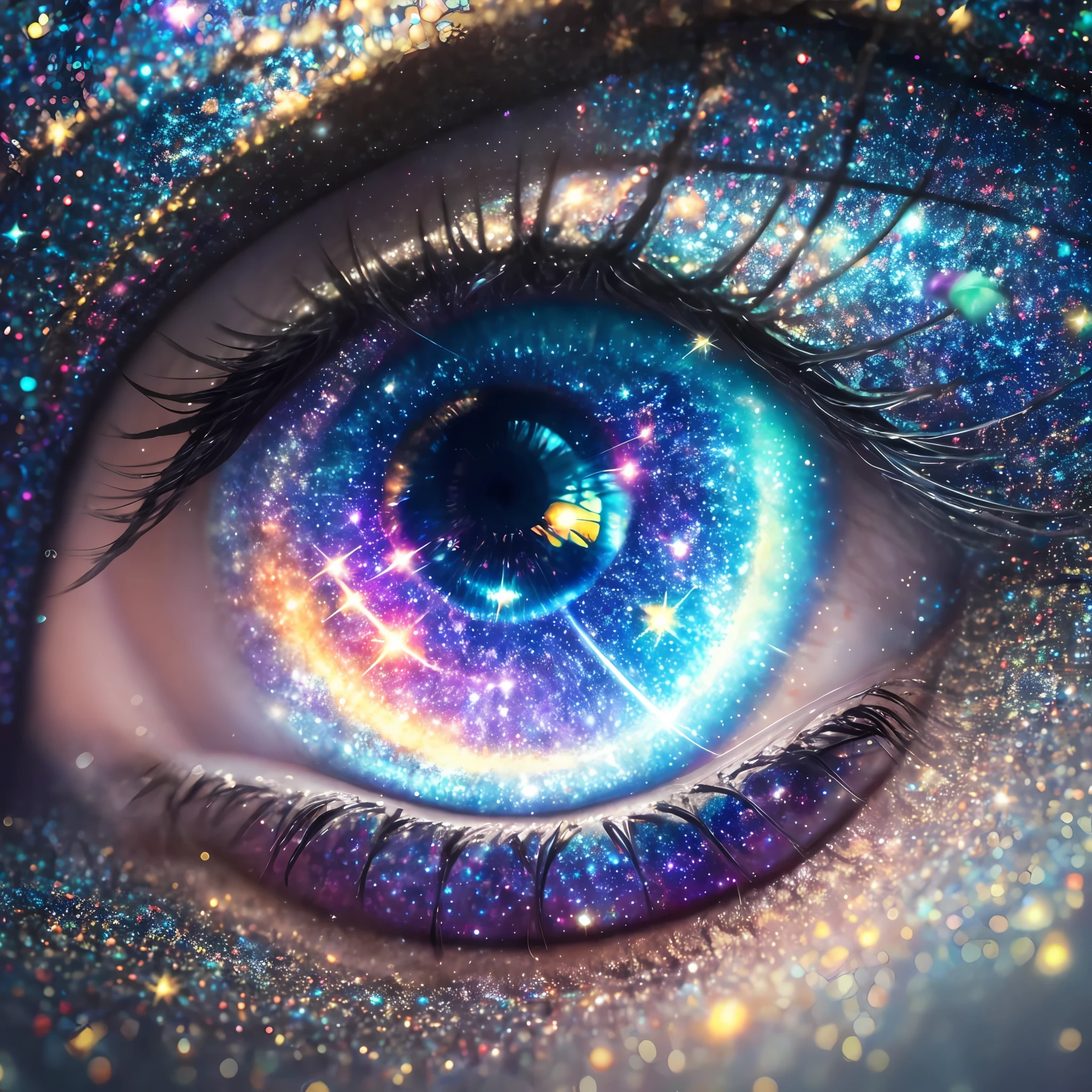 um close do olho de uma pessoa com uma galáxia ao fundo, galáxia nos olhos, o olho do universo, galaxy in the eye 👁️, estrelas estão escondidas nos olhos, olhos de galáxia, olhando para o cosmos, beautiful glowing olhos de galáxia, estrelas como olhos, canalizando a energia do terceiro olho, olhos mágicos, mais fundo no metaverso vamos