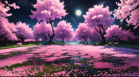 Linemoto cherry blossoms (night), (highly detailed CG unified wallpaper 8k) (highest quality), (best illustrations), bright colo...