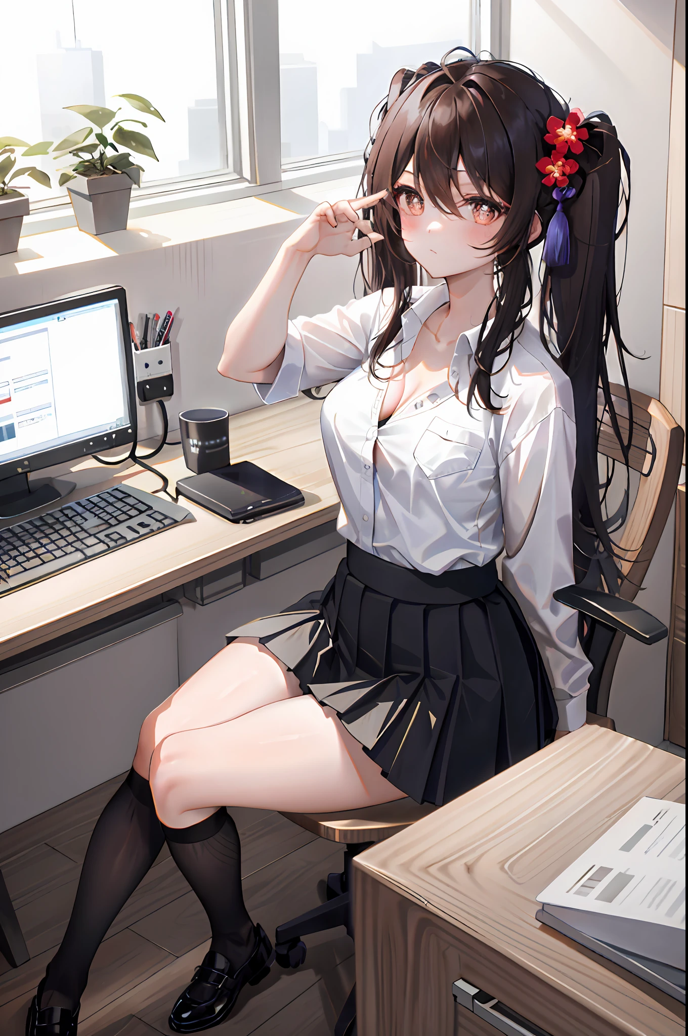 Hu Tao, 1girl, solo, ((white shirt)), black thighhighs, breasts, cleavage, uniform, office background, black skirt, pleated skirt, office, hair between eyes, brown eyes, flower pupils, medium breasts, long hair, looking at viewer, Black hair, brown short nails, solo, thighhighs, thighs, very long hair, ((masterpiece)), sitting, chair, desk, computer on desk, name tag, id tag, indoor, blush, sexy pose, ((long twintail)),