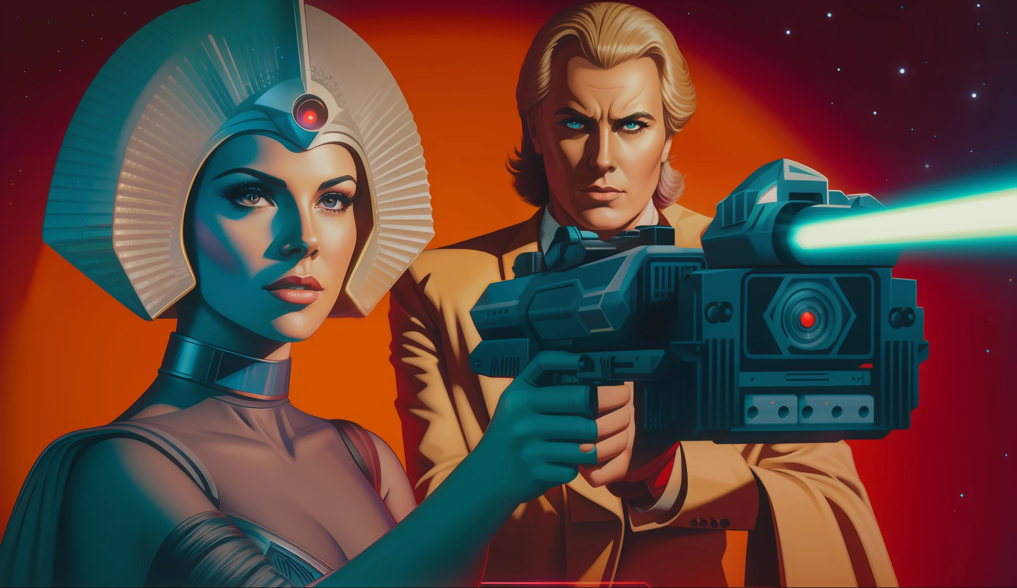 a woman holding a laser gun beside a man, poster art by Adam Rex, featured in cg society, retrofuturism, reimagined by industrial and magical light, sci-fi, synthwave