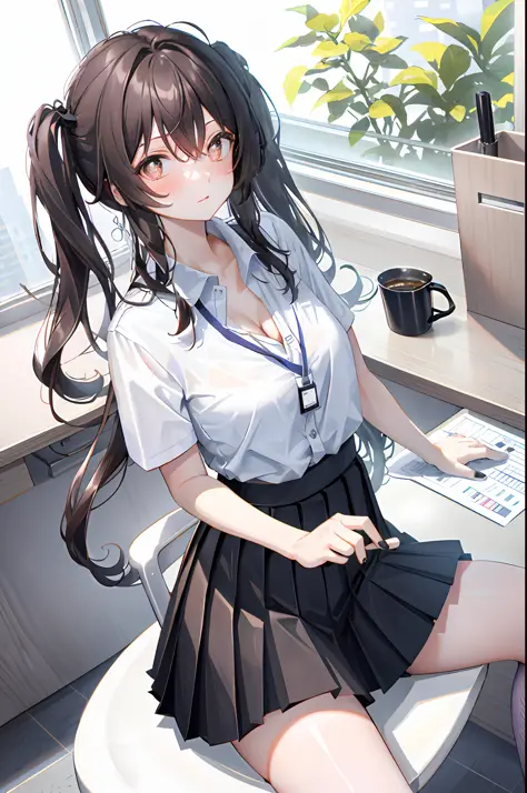 Hu Tao, 1girl, solo, ((white shirt)), black thighhighs, breasts, cleavage, uniform, office background, black skirt, pleated skir...