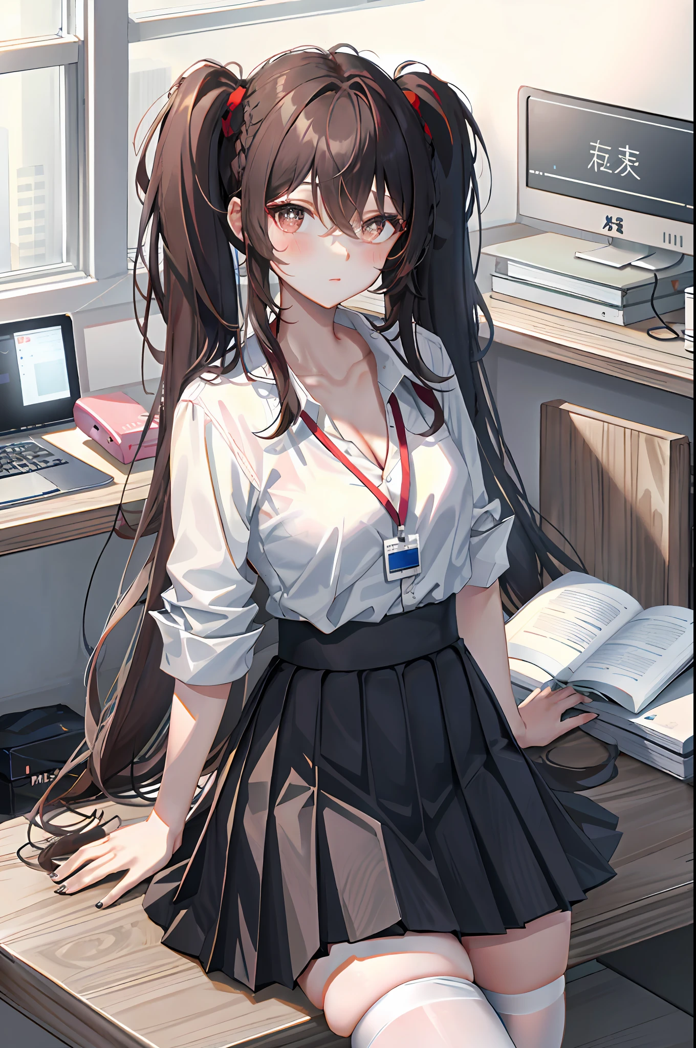 Hu Tao, 1girl, solo, ((white shirt)), black thighhighs, breasts, cleavage, uniform, office background, black skirt, pleated skirt, office, hair between eyes, brown eyes, flower pupils, medium breasts, long hair, looking at viewer, Black hair, brown short nails, solo, thighhighs, thighs, very long hair, ((masterpiece)), sitting, chair, desk, computer on desk, name tag, id tag, indoor, blush, sexy pose, ((long twintail)), short sleeve,