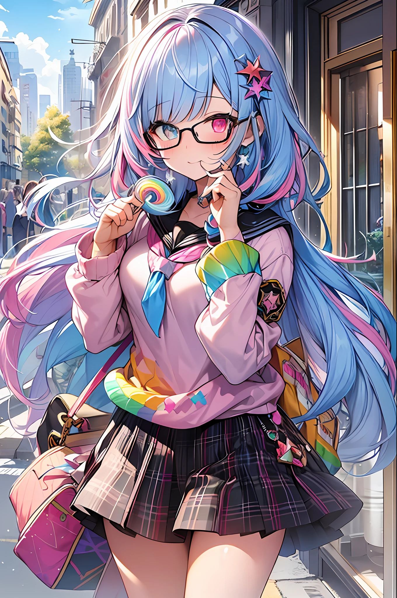 (masterpiece, highest quality, highest quality, watercolor art (pendant), official art, beautiful and aesthetic, (1.2), (1 girl: 1.3), (fractal art: 1.3), full body, star-shaped pupil, , pattern, ((iridescent hair, colorful hair, half blue and half pink hair: 1.2)), (school uniform), colorful, glasses, writing, heterochromia, (colorful: 1.5), ((rainbow sky)), sun, (embarrassed face)