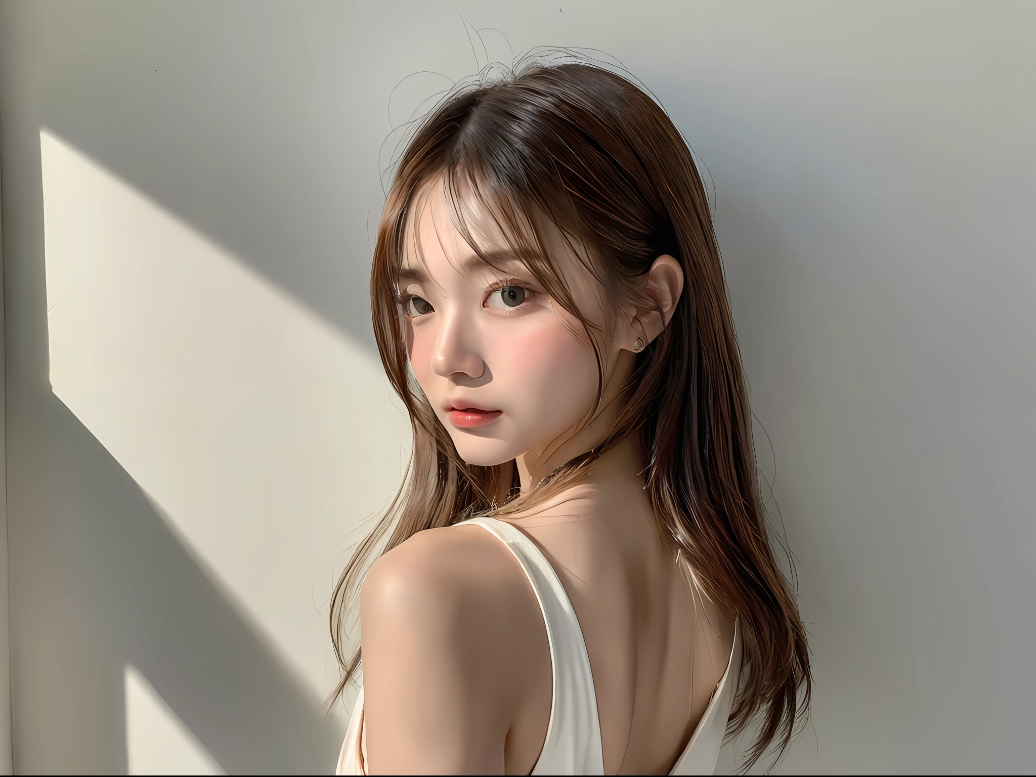 (8k, highest quality, masterpiece: 1.2), (hair_style), (realistic, photorealistic: 1.37), plump eyes, highest quality, masterpiece, standing in front of a white wall, [small breasts], professional lighting, shooting the whole body of the subject from a distance, angle from behind, shot in natural light from morning to noon, fashion style of Japan trend in 2023, real, Super detail, 30s, actress, elaborate CG, slender, hairstyle is straight straight hair, delicate skin type, emphasizes hair luster,