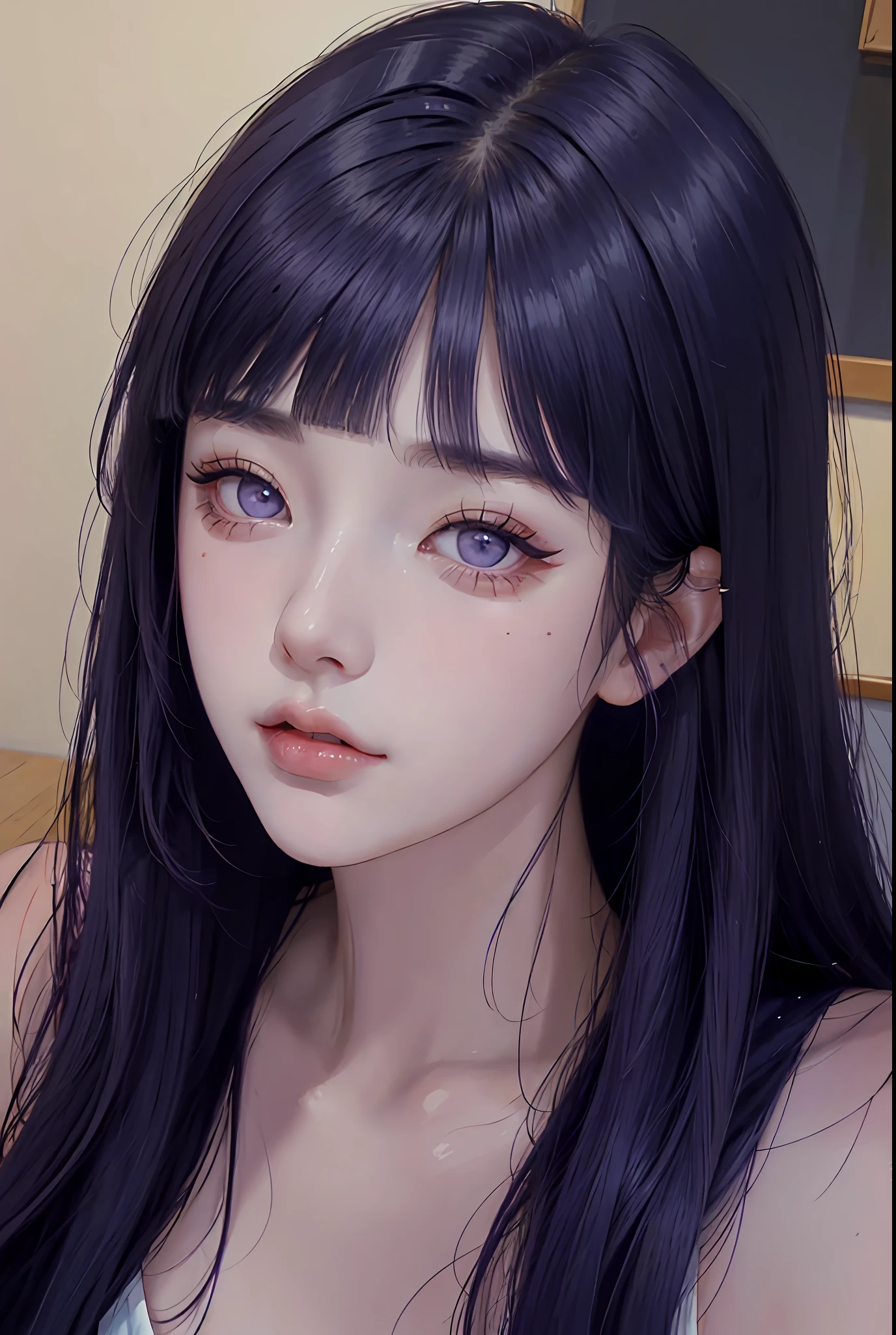 Blunt bangs, dark blue hair, super beautiful face, shining eyes, korean make up, 1 girl, purple eyes, gorgeous hair, close up, portrait, painting, pretty