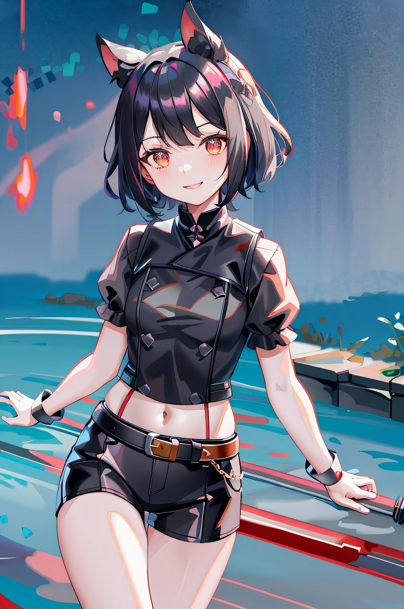 Black hair, black hair, anime girl in red vest and black shorts standing in the pool, Ayaka Genshin Impact, Rin, Ayaka Game Genshin Impact, Marine Kitagawa Fan Art, Clear Clear RPG Portrait, Kushat Klentzky Art Feminine, Female Protagonist 👀: 8, Valentina Remener, Kantai Collection Style, Red Uniform, Exquisite fan art with great detail