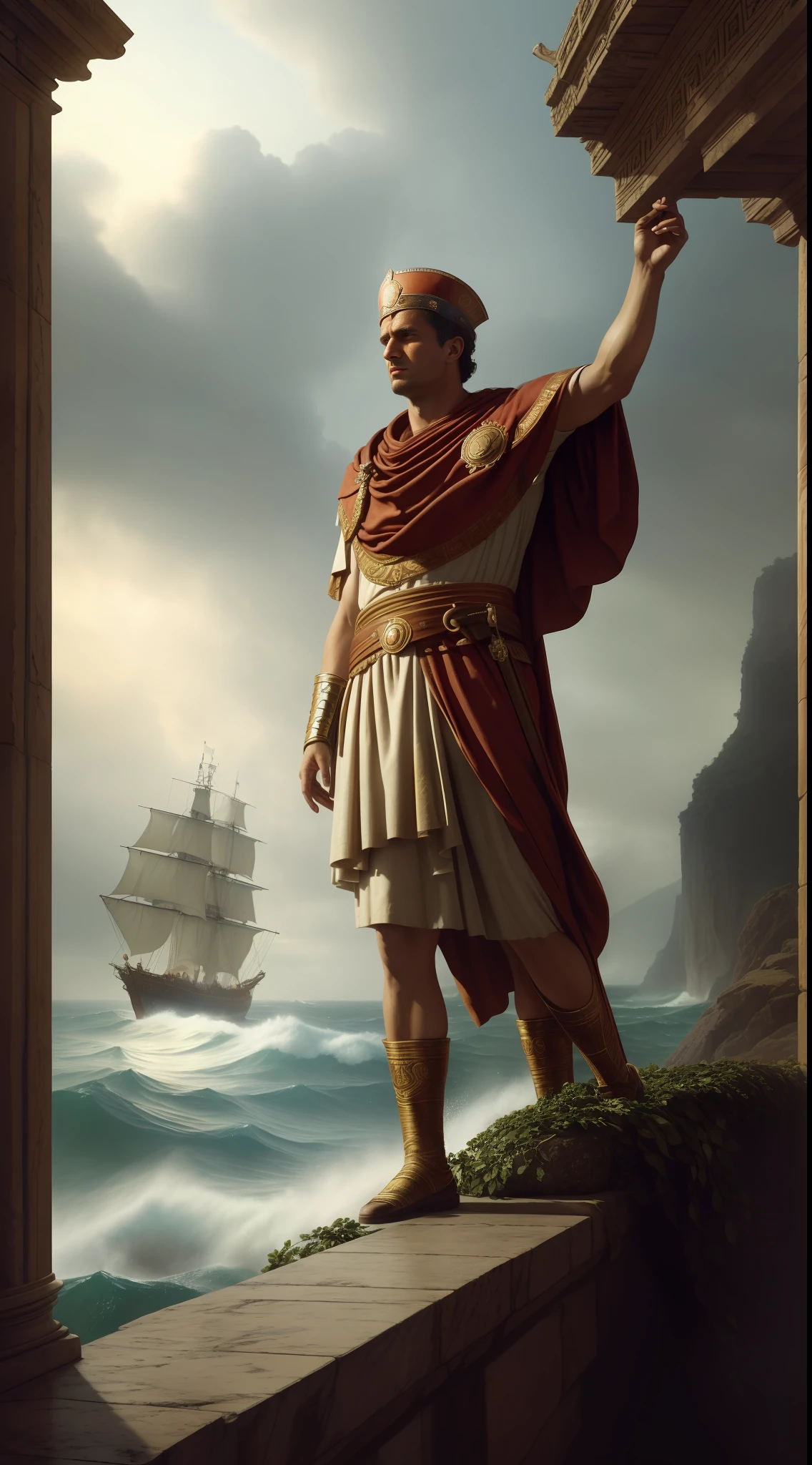 (masterpiece, UHD, illustration, detailed:1.3 by Greg Rutkowski), Julius Caesar, (ancient Roman attire:1.4), laurel wreath crowning his head, standing on the deck of a pirate ship, looking out at the (roaring sea:1.3), commanding presence, intricate details of the ship, swirling clouds, stormy weather, realistic style.