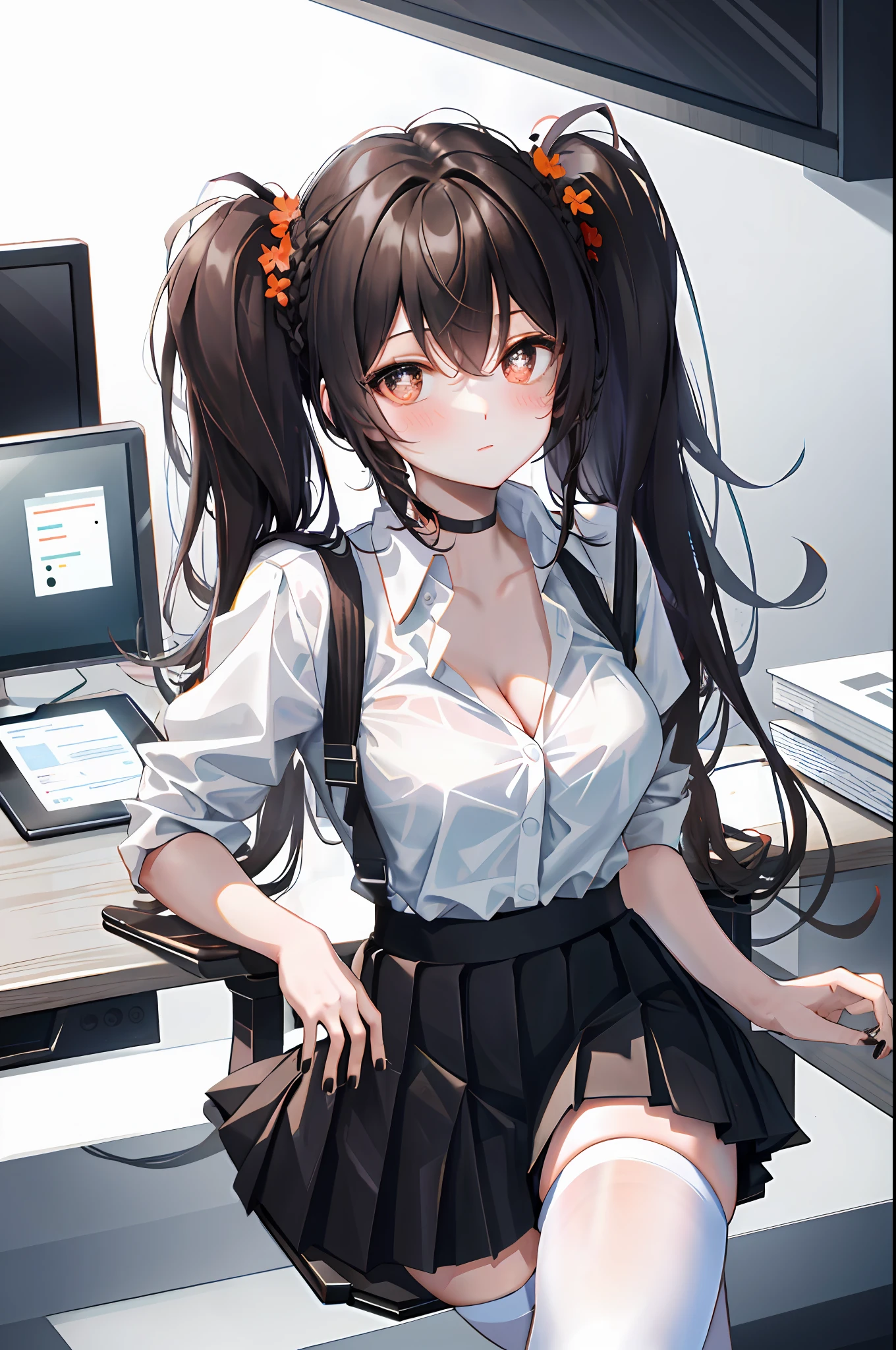 Hu Tao, 1girl, solo, ((white shirt)), black thighhighs, breasts, cleavage, uniform, office background, black skirt, pleated skirt, office, hair between eyes, brown eyes, flower pupils, medium breasts, long hair, looking at viewer, Black hair, brown short nails, solo, thighhighs, thighs, very long hair, ((masterpiece)), sitting, chair, desk, computer on desk, name tag, id tag, indoor, blush, sexy pose, ((long twintail)),