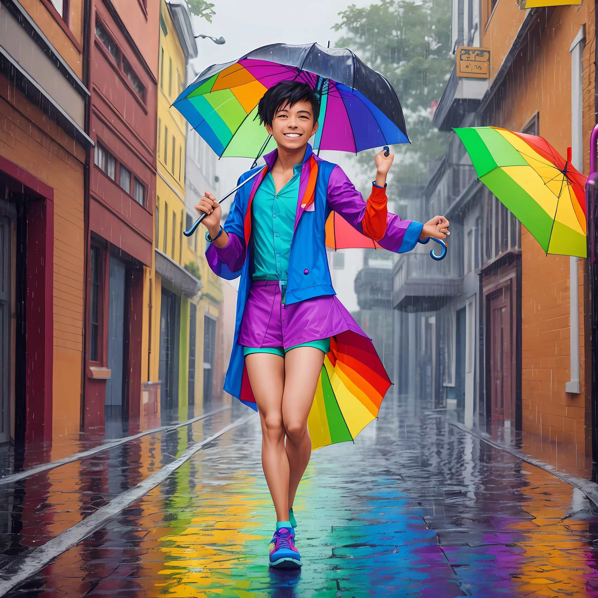 Femme dans une tenue coloree tenant deux parapluies arc en ciel sous la pluie SeaArt AI